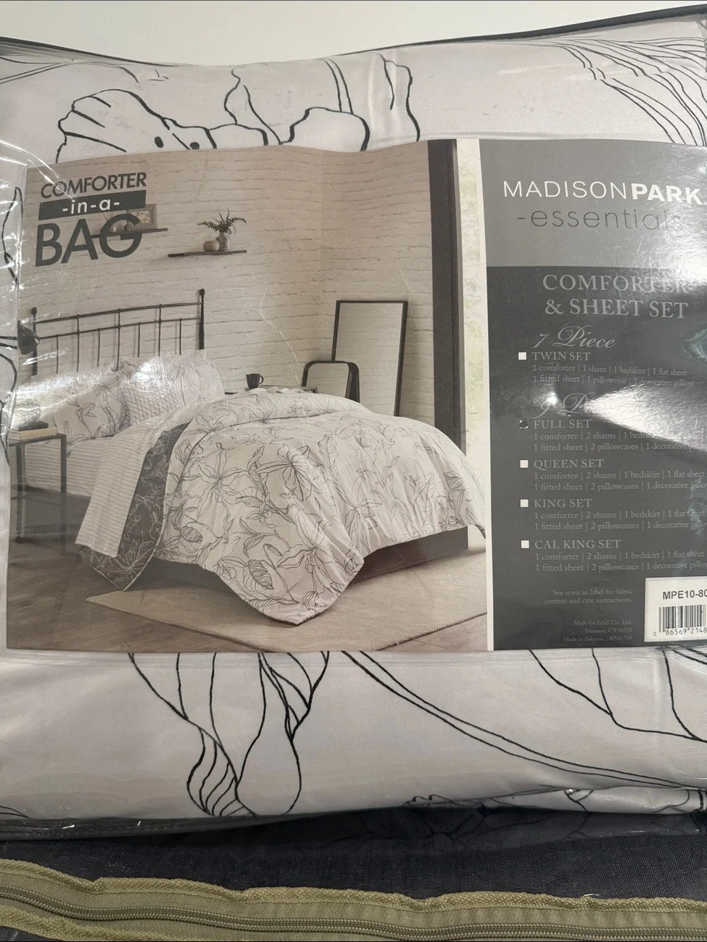 Madison Park White Comforter Set with Black Floral Line Design
